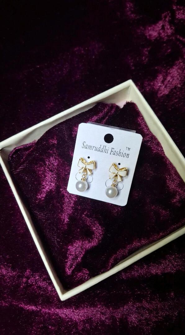White Bow Pearl Drop Earrings