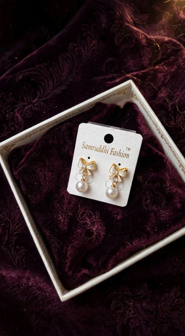 White Bow Pearl Drop Earrings